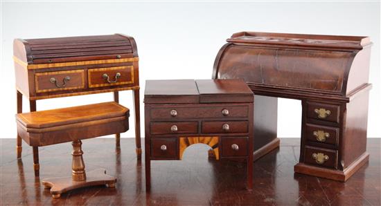 A Fergus Lane miniature Georgian style roll top desk, bureau 9.5in.